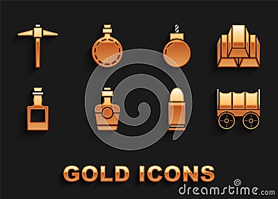 Set Tequila bottle, Gold bars, Wild west covered wagon, Bullet, Bomb ready to explode, Pickaxe and Canteen water icon Vector Illustration