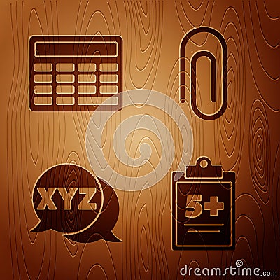 Set Test or exam sheet, Calculator, XYZ Coordinate system and Paper clip on wooden background. Vector Vector Illustration