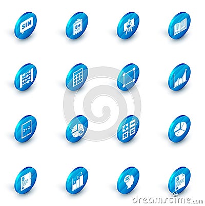 Set Test or exam sheet, Chalkboard with diagram, Open book, Abacus, Tablet calculator, Calculator, Graph, schedule Vector Illustration