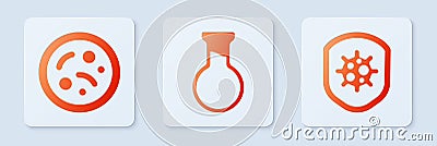 Set Test tube and flask, Bacteria and Shield protecting from virus. White square button. Vector Vector Illustration