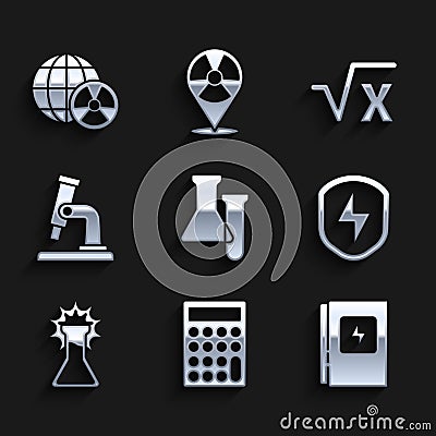 Set Test tube and flask, Calculator, Electrical panel, Secure shield with lightning, Microscope, Square root of x glyph Vector Illustration