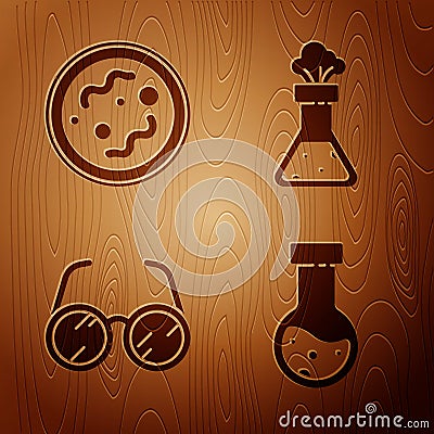 Set Test tube and flask chemical, Bacteria, Laboratory glasses and Test tube and flask chemical on wooden background Vector Illustration
