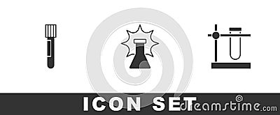 Set Test tube and flask, Chemical explosion and stand icon. Vector Stock Photo