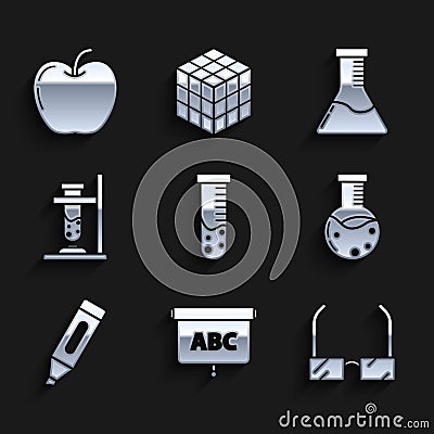 Set Test tube and flask chemical laboratory, Chalkboard, Glasses, Marker pen, test on fire, and Apple icon. Vector Stock Photo