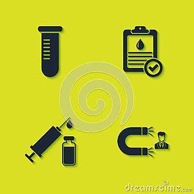 Set Test tube or flask, Customer attracting, Medical syringe and vial and Clipboard with blood test icon. Vector Vector Illustration