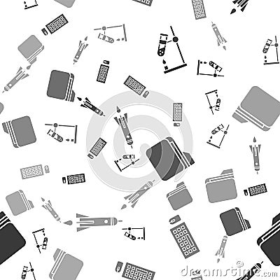 Set Test tube flask on fire, Keyboard and mouse, Document folder and Rocket ship with fire on seamless pattern. Vector Vector Illustration