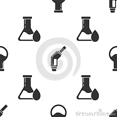 Set Test tube and flask, Gasoline pump nozzle and Oil petrol test tube on seamless pattern. Vector Vector Illustration