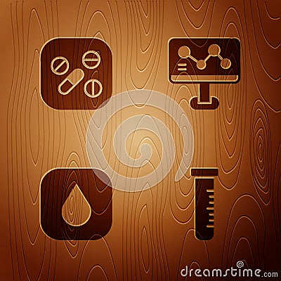 Set Test tube and flask, Medicine pill or tablet, Water drop and Chemical formula on wooden background. Vector Vector Illustration