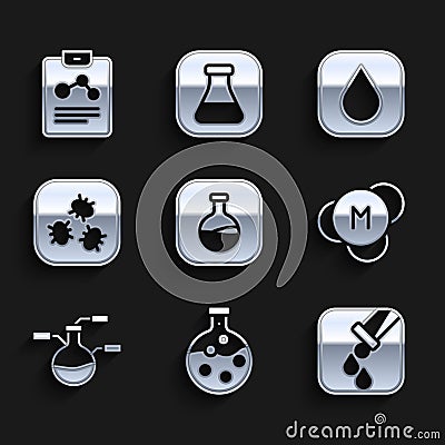 Set Test tube and flask, Molecule, Bacteria, Water drop and Chemistry report icon. Vector Vector Illustration