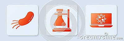 Set Test tube flask on stand, Bacteria and Bacteria on laptop. White square button. Vector Vector Illustration