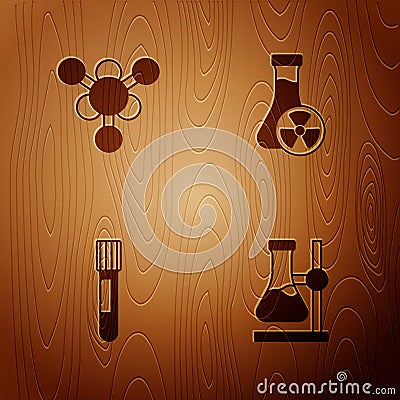 Set Test tube flask on stand, Molecule, and with toxic liquid on wooden background. Vector Stock Photo