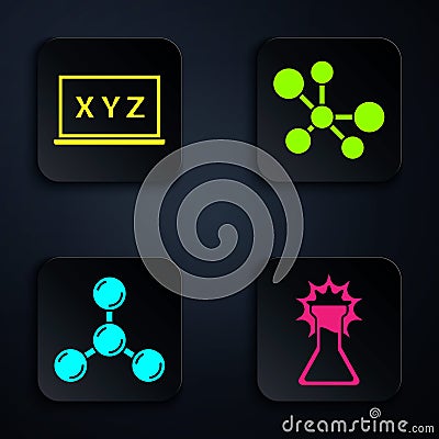 Set Test tube and flask, XYZ Coordinate system, Molecule and Molecule. Black square button. Vector Vector Illustration