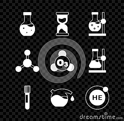Set Test tube, Old hourglass, flask on stand, Helium, Molecule and Ozone icon. Vector Vector Illustration