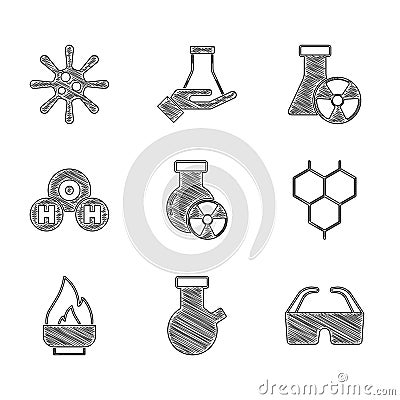 Set Test tube radiation, and flask, Safety goggle glasses, Chemical formula, Alcohol spirit burner, H2O, and Bacteria Vector Illustration