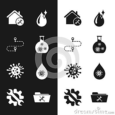 Set Test tube with virus, Route location, House service, Clean water drop, Bacteria, Dirty, Folder and Wrench and gear Stock Photo