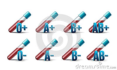 Set of the test tubes with blood samples different types. Vector Illustration