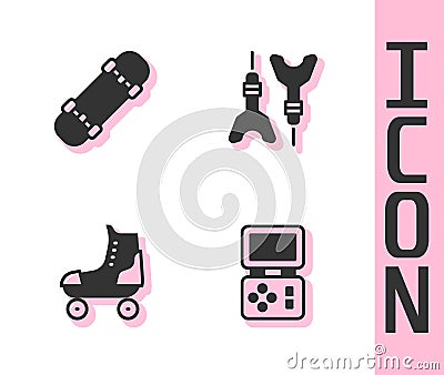 Set Tetris electronic game, Skateboard, Roller skate and Dart arrow icon. Vector Stock Photo