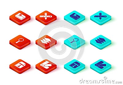 Set Text file document, Color palette guide, Magnifying glass, Layers, Crossed ruler and pencil and Picture landscape Stock Photo