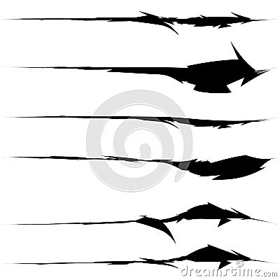 Set of textured, rough and grungy elements isolated on white. Elements with scratchy, sketchy, damaged, ripped, slashed texture. Vector Illustration