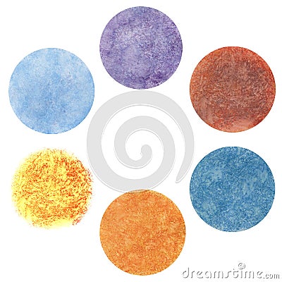 A set of textures in a circle drawn by watercolor and acrylic. Suitable for image planets. Art circles. Textural pattern of planet Stock Photo