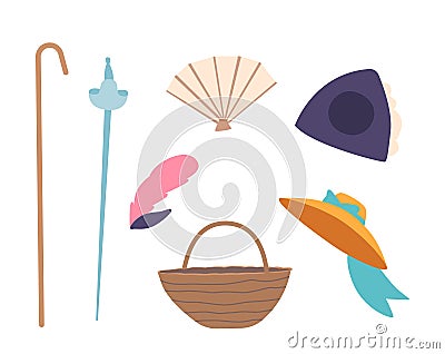 Set Of 18th Century Accessories Icons Such As Walking Cane, Rapier, Fan And Feather, Wicker Basket, Male And Female Hats Vector Illustration