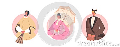 Set 19th Century Ladies Avatars, Isolated Round Icons. Beautiful Victorian Women Wear Elegant Gowns, Hats or Accessories Vector Illustration