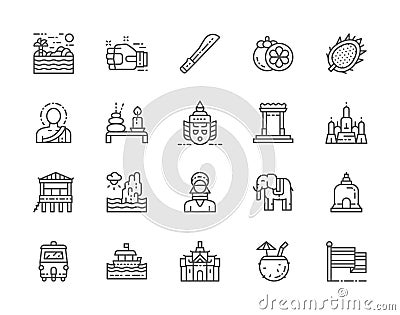 Set of Thailand Culture Line Icons. Machete, Muay Thai, Mangosteen and more. Vector Illustration