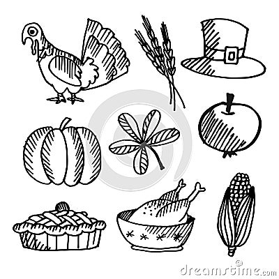 Set of thanksgiving black sketches, objects Vector Illustration