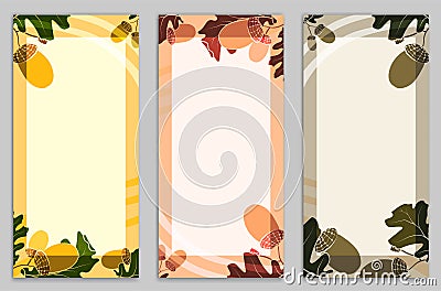 Set of Thanksgiving cards with oak leaves and acorns. Set of abstract templates for greeting cards, banners, brochures. Vector Vector Illustration