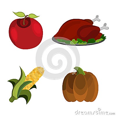 Set of Thanksgiving Day: Apple, Turkey, Corn, Pumpkin icon. Cart Vector Illustration
