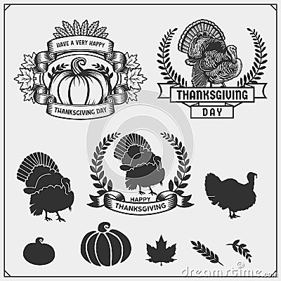 Set of Thanksgiving Day emblems, labels and design elements for greeting cards. Vector Illustration