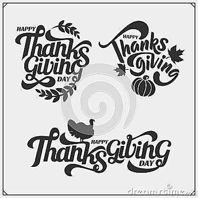 Set of Thanksgiving Day emblems, labels and design elements for greeting cards. Vector Illustration