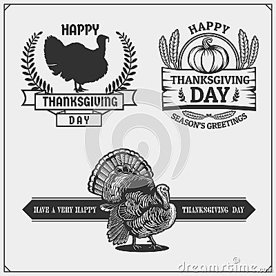 Set of Thanksgiving Day emblems, labels and design elements for greeting cards. Vector Illustration