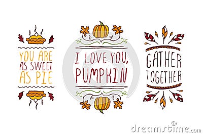 Set of Thanksgiving elements and text on white background Vector Illustration