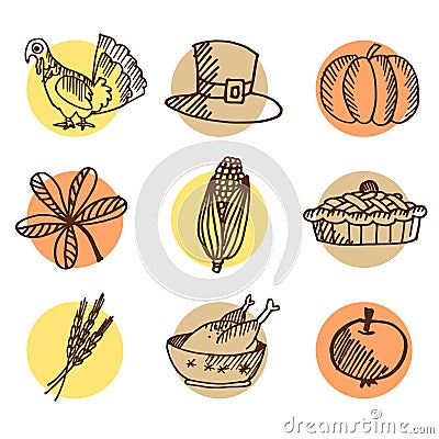 Set of thanksgiving hand drawn icons, isolated s Vector Illustration