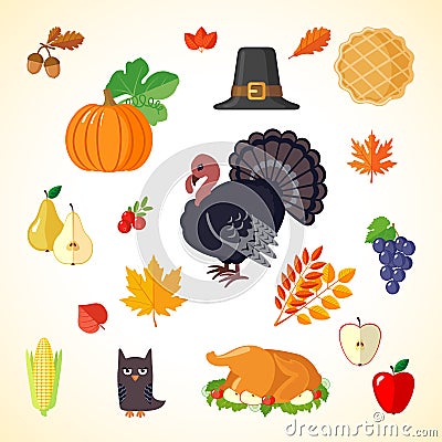 Set of Thanksgiving icons in flat style. Vector Illustration