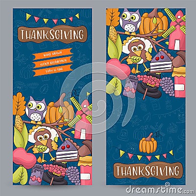 A set of Thanksgiving vertical banners. Happy holidays concept. Autumn harvest design template for advertisement, sale, invitation Vector Illustration