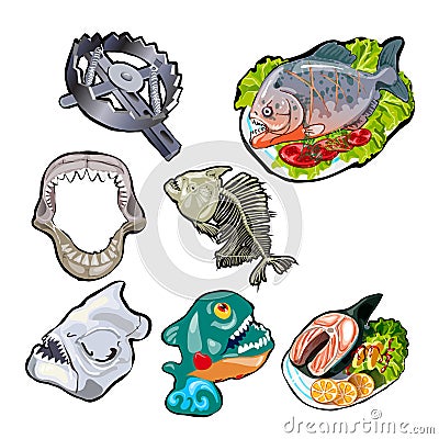 Set on the theme of toothy fish. Meals of piranha and sharks. Skeleton, jaw, skull of the ancient fish. Bear trap Vector Illustration