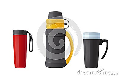 Set of Thermo Mugs, Vacuum Flask Tumblers or Bottles for Drink Keep Hot. Metal Bottled Containers or Aluminum Cups Vector Illustration