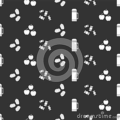 Set Thermos container, Apple, Chicken nuggets and Candy on seamless pattern. Vector Vector Illustration