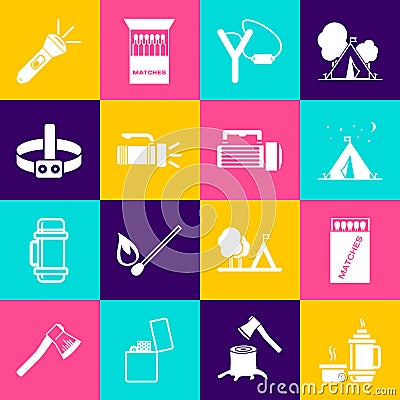 Set Thermos container, Open matchbox and matches, Tourist tent with flag, Slingshot, Flashlight, Head flashlight, and Vector Illustration