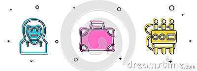 Set Thief mask, Briefcase and money and Dynamite timer clock icon. Vector Vector Illustration
