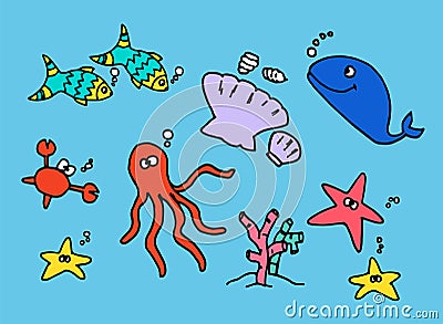 Set of thin black outline sea animals, marine life isolated on blue background. hand drawn vector. modern scribble for kids, wallp Vector Illustration