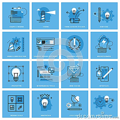 Set of thin line concept icons of graphic design, creative process, web design and development Vector Illustration