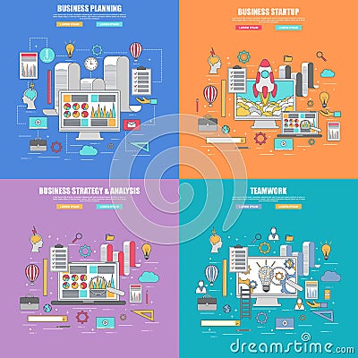 Set of 4 thin line flat design concept for business planning, strategy and analysis Vector Illustration