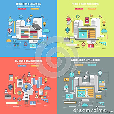 Set of 4 thin line flat design concept for designer, education and learning, viral and video marketing Vector Illustration