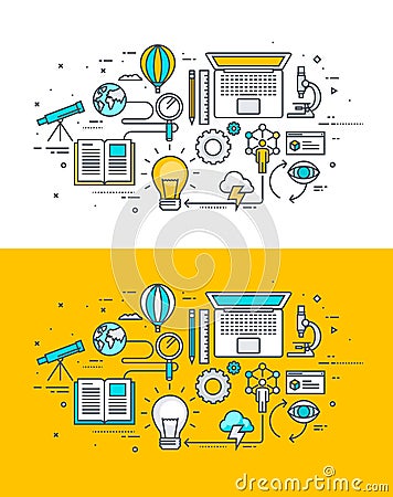 Set of thin line flat design concept on the theme of the research process Vector Illustration