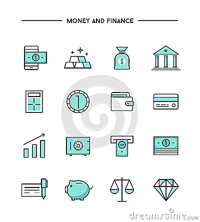 Set of thin line flat money and finance icons Vector Illustration