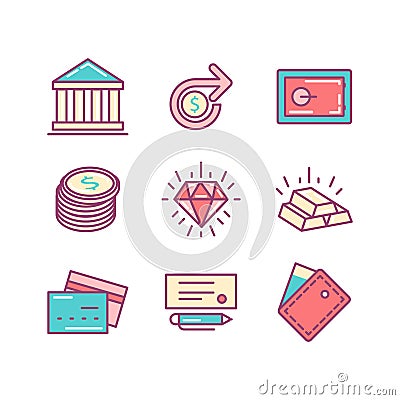Set of thin line flat money and finance icons. Vector Illustration