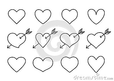 Set of thin line heart icons isolated on white background. Modern collection of linear hearts for web site, love logo Vector Illustration